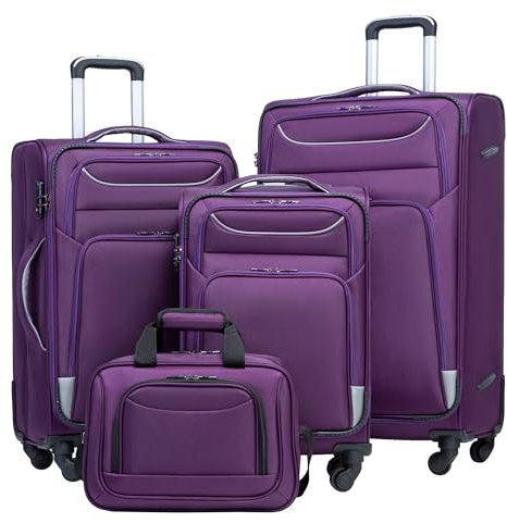 COOLIFE Koffer Trolley Koffer Reisekoffer von 4 Rollen Stoffkoffer Handgepäck TSA-Schloss Der Koffer Enthält 1 Große Umhängetasche (Koffer-Set 4tlg, lila+Silber)