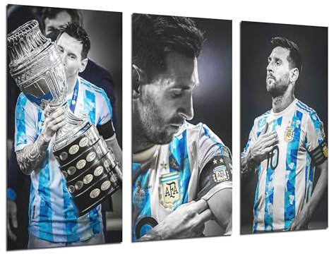 Set 3 cuadros decorativos para pared, Decoración Salón Modernos, Dormitorios, Habitación, impresión sobre madera con colgadores, Futbol, Messi, Argentina, (97 x 62 cm), ref. 27457