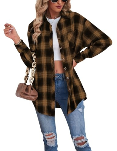 Buliezy Chemise Femme a Carreaux Manche Longue Chemisier élégant Chemise Classique Coton Plaid Veste