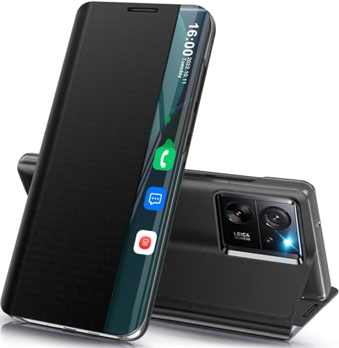 Handyhülle für Xiaomi 13T Pro Hülle Klappbar, Dünn Spiegel Flip Leder Hard PC Stoßfest Case Cover für Xiaomi 13T Pro 5G Hülle mit Ständer Klapphülle, Clear View für Xiaomi 13T Pro Hülle (Schwarz)
