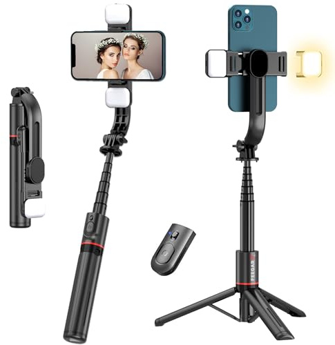 Selfie Stick mit Verbessertem Stativ 2 Fülllicht, Feegar Flash, Bluetooth Extra Langes 1085mm Handy Stativ mit Abnehmbarer Fernbedienung Kompatibel mit iPhone Samsung Android Smartphones Kamera GoPro