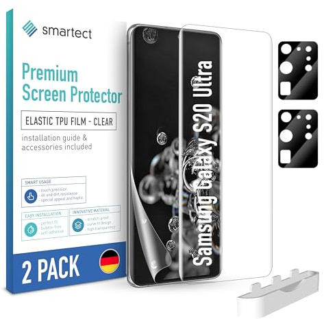 smartect TPU Schutzfolie 2 + 2 Stück für Samsung Galaxy S20 Ultra | Displayschutz + Kameraschutz, HD Panzerfolie Anti-Kratzer, Ultra-klar, Blasenfrei, Fingerabdruck kompatibel, Hüllenfreundlich