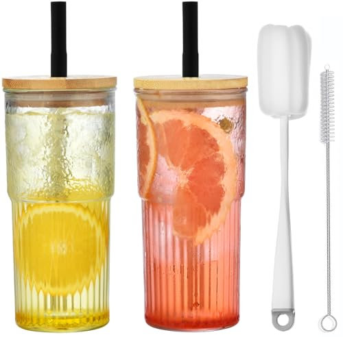 Alink Vaso de vidrio de 22 onzas con tapa de bambú y popote, vasos para beber, taza de té Boba, botella de vidrio de boca ancha para batidos, café helado, jugo, agua (negro)