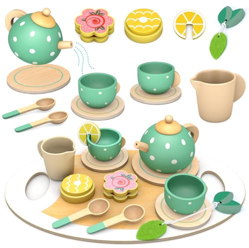 SOLMAN Toys for 2 Year Old Girls,Gifts for Girls,Wooden Tea Set for Toddlers,Toys for Girl Gifts,Pretend Play Kids Tea Set for Girl Gift