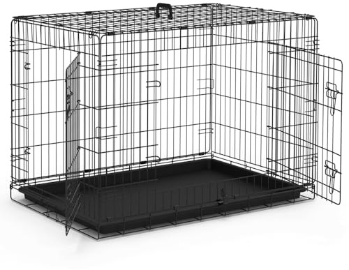 VOUNOT® Gabbia per Cani Pieghevole in Metallo, Cassetta per Trasporto Scatola Trasportino Cani con 2 Porte, Vassoio Rimovibile, 92x58x64cm, Nero