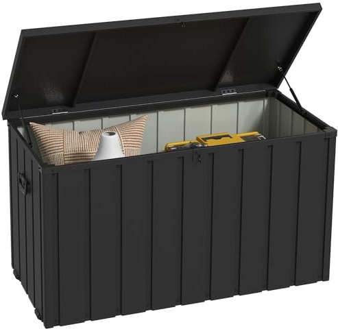 Outsunny Gartenbox Auflagenbox 450L Aufbewahrungsbox Truhe mit Rollen, Aufbewahrungskiste mit Gasdruckfedern, für Garten, Balkon, Stahl, Dunkelgrau