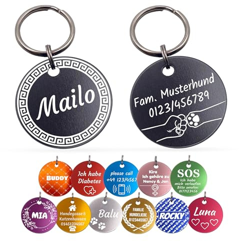 Unikat Branding | Targhetta per cani in confezione singola, per cani, gatti e padroni, personalizzabile, su entrambi i lati con incisione, rotonda, 30 e 35 mm (viola, 35 mm)