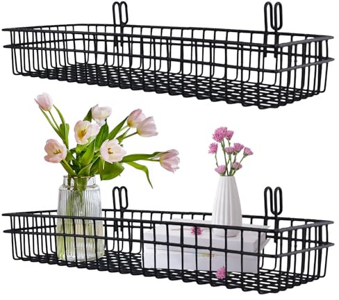 2pcs Metal Wire Baskets for Storage, 15.7 x 5.9 x 2.4 Inches Slatwall Panel Display Basket Hanging Wall Grid Panel Basket with Hooks Organizing Accessories for Home Kitchen Dormitory, Black