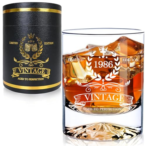 LUXULISH 40th Birthday Gifts Men, 12Oz Vintage 1986 Whiskey Glass with Unique Base, 40th Birthday Decorations for Men, 40 Year Old Cool Bday Gift Ideas for Him, Dad, Husband, Friends