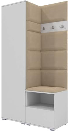 RAVIO Garderoben-Set NELA I mit Kleiderschrank & 3 Doppelhaken, 100cm Flurgarderobe mit Garderobenpaneel & Schuhschrank (Weiß + Beige (Trinity 04))