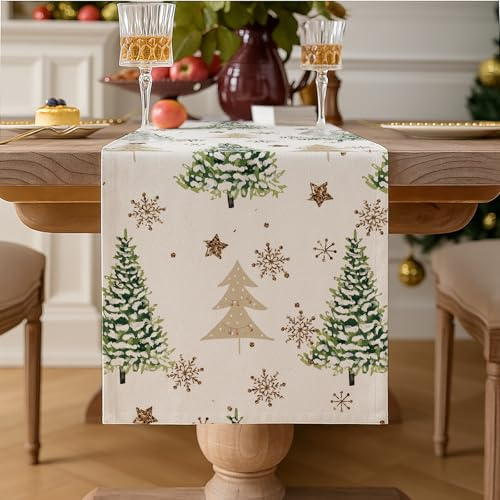 Vorysum Weihnachten Tischläufer Beige Grüner Weihnachtsbaum Schneeflocken Weihnachten Tischläufer Modern Winter Küche Tisch Dekoration Drinnen Urlaub Party Dekor 33 X 183 cm (Weihnachtsbaum
