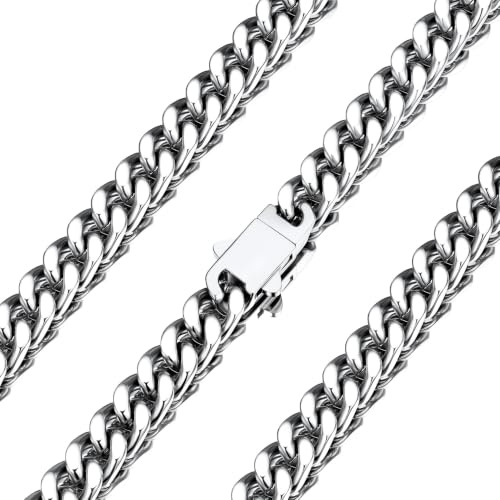 U7 Cadena Plata Hombre Acero Inoxidable de Cadena Cubana Miami Curb 7mm Collar Hombre Acero Inoxidable Gruesa Plateado Hip Hop Longitud 46cm Caja de Regalo