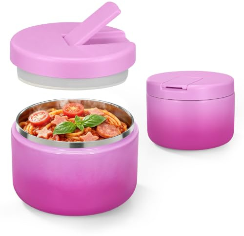 Pawtong 12oz Insulated Vacuum Food Jar with Buckle Lid Wide Mouth Soup Thermo for Hot Food Kids Leakproof Stainless Steel Lunch Container (Gradient Purple, 12OZ)