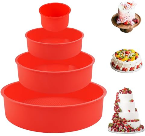 Jinsion 4 Pack Silicone Cake Tins for Baking, 4+6+8+10 Inch Silicone Baking Moulds, Round Bakeware Trays for Cake, Non Stick Round Cake Tin Mould for Baking LayerCake, Cheesecake