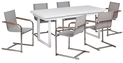 Beliani Gartenmöbel-Set für 6 Personen mit Ausziehbarer Esstisch aus Aluminium, Edelstahl, in Weiß/Beige Valcanetto/Cosoleto
