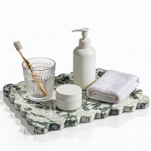 WORHE Marmor Badezimmertablett, Gewelltes rechteckiges Steintablett Rechteck für Schmuck,Makeup Calacatta Viola dekotablett für Badezimmer und Küchentheke WH048