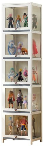 errtsdb 40x33x172cm Bambus-Aufbewahrungsschrank, 5 Schicht vitrinenschrank, glasvitrine stehend Vitrine mit AcryltüR für Sammlerstücke, Bücher, Weiß/Von Allen Seiten transparent