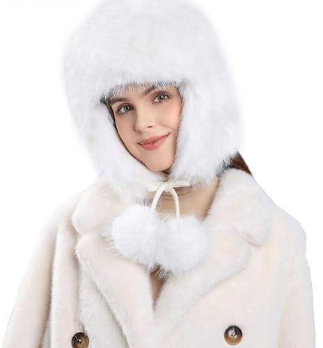 WUODHTW Damen Winter Warm Knit Beanie Skull Cap Russische Uschanka Trappermütze mit Ohrenschutz Skimütze Jagdmütze Fellmütze, weiß, Einheitsgröße