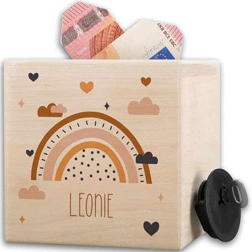 Spardose Holz Boho Regenbogen Holzspardose Kind Sparbox mit Name Taschengeld I Holzsparbüchse Geldgeschenk Kinder Geburtstag - 10x10cm - Holz - personalisierte kinderspardose sparbüchse mädchen