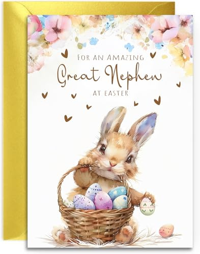 Osterkarte mit Motiv Great Neffe – Hase mit Ostereiern – A5-Größe mit goldfarbenem Umschlag