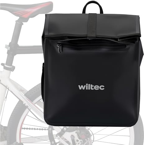 Wiltec Borsa per bici 22 l nera, impermeabile, montaggio al portapacchi posteriore bicicletta, gancio girevole a 360° ed elementi riflettenti