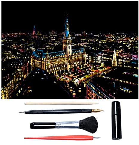 Scratch Art For Adults & Teens 16 x 11.2 Inches, Paint by Scratch Kit Adult Rainbow, Colorful Sketch Diy Night View Scratchboard (Hamburg)