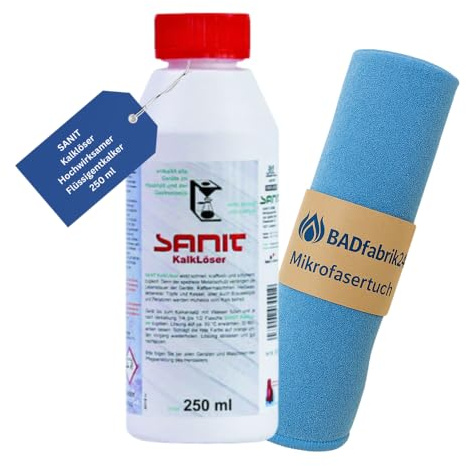 BADfabrik24 SANIT Kalklöser 250 ml + Mikrofasertuch – Entkalker für Bad, Küche & Haushaltsgeräte – entfernt Kalk an Wasserkocher, Duschkopf, Armatur – streifenarme Reinigung