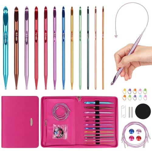 Aeelike Juego de agujas de ganchillo tunecinas intercambiables de aluminio tunecino con cables, 12 tamaños de 3 a 10 mm, agujas de ganchillo intercambiables extralargas para mantas afganas, juego de
