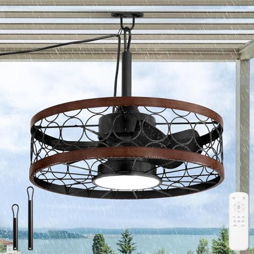 Deckenventilator mit Beleuchtung für außen IP65 Wasserdicht Ventilator Deckenleuchte mit Fernbedienung Leise 3 Farben Einstellbar Fan Deckenlampe Retro Käfig Fan mit Licht für Wohnzimmer Schlafzimmer