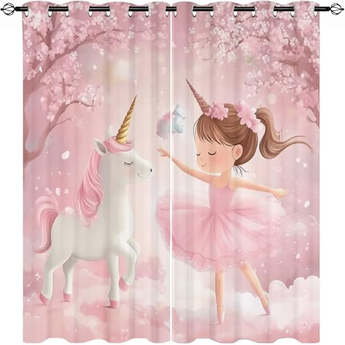 Generisch Vorhänge Blickdicht mit Ösen Cartoon-MäDchen-Einhorn Verdunklungsvorhänge Kinderzimmer Vorhang H166 x B75 cm (2er Pack) Rosa Gardinen für Schlafzimmer Schlafzimmer Fensterdekoration