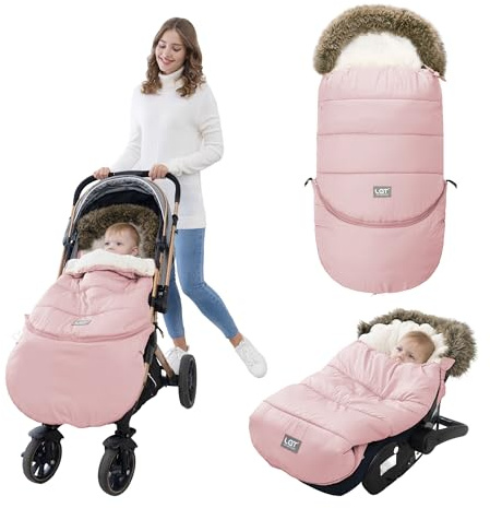 LAT Universal Fußsack für Babyschale Kinderwagen, Wind- und Wasserdicht mit Abnehmbarer Verlängerungsabschnitt Winterfußsack für Kinderwagen Buggy (Pelzkragen, Rosa)