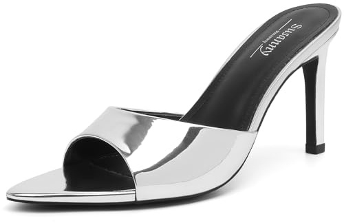 Susanny Mule Silver Heels for Women Pointed Open Toe Sexy Slip on High Heeled Sandals Stiletto Dress Comfortable Backless Mules Shoes Wedding Bridal Parties Vacation Casual Office Work Shoes 9.5