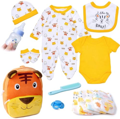 13 Pcs Reborn Baby Doll Clothes for 18-20 Inch Reborn Dolls Clothes Accessories Cute Tiger Outfits+Backpack +Diapers
