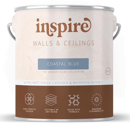 Inspire Wall Paint, Ultra Flat Matt Premium Emulsion Paint for Walls & Ceilings | Suitable for Kitchens & Bathrooms | High Opacity Colour | Low VOC | Modern Home Collection (Coastal Blue, 1 Liter)