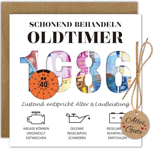 WenmthG Geldgeschenke Geburtstag 40 mit Umschlag, Karte 40 Geburtstag Mann - Lustig Geschenke zum 40 Geburtstag Mann - Schonend Behandeln 1986 Oldtimer