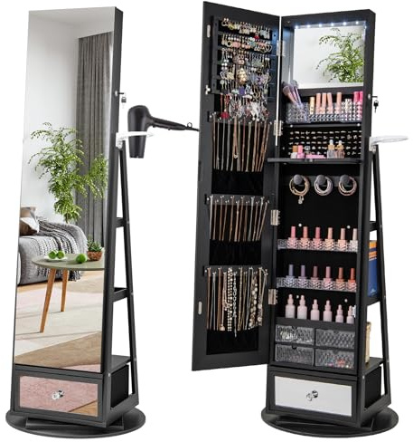FANTASK Schmuckschrank stehend, Spiegelschrank 360° drehbar mit Ganzkörperspiegel, LED-Leucheten & Schublade & Haartrocknerhalter, Standspiegel mit 3 Regalen (Schwarz)