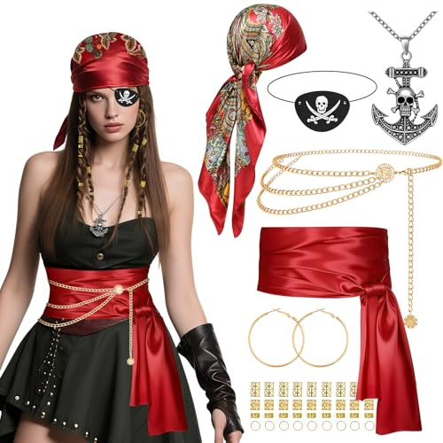Piratenkostüm Damen Zubehör, 47 Stück Mittelalter Piraten Verkleidung Accessories mit Pirat Kopftuch, Gürtel​, Hüftkette, Halskette, Augenklappe, Ohrring - Damen Piraten set für Karneval Mottopartys