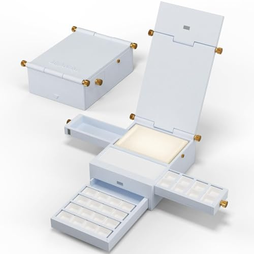 Scatola portabile ad acquerello, set di acquerelli da viaggio all-in-one con 24 scomparti vuoti, tavolozza in ceramica fatta a mano, tazza per acquerello e interfaccia di fissaggio universale