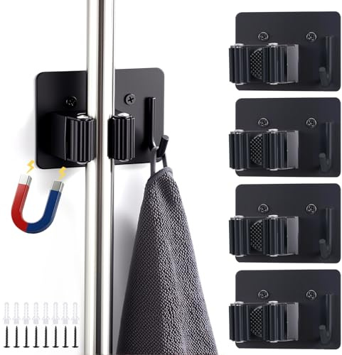 GWHOLE Broom Holder Wall Mount 4 Pack, Magnetic & Screw Mounted Mop Holde | Features Cloth hooks,Heavy Duty,Wall Hanging, ideal for Garages,Utility Rooms,Kitchens,Bathrooms and Laundry Rooms