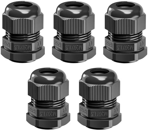 VCELINK 5PCS M20 IP68 Waterproof Cable Glands, 20mm ×1.5, Weatherproof | IP68 Rated for Waterproofing | Nylon Cord Connectors | Suitable for 6mm - 12mm Cables