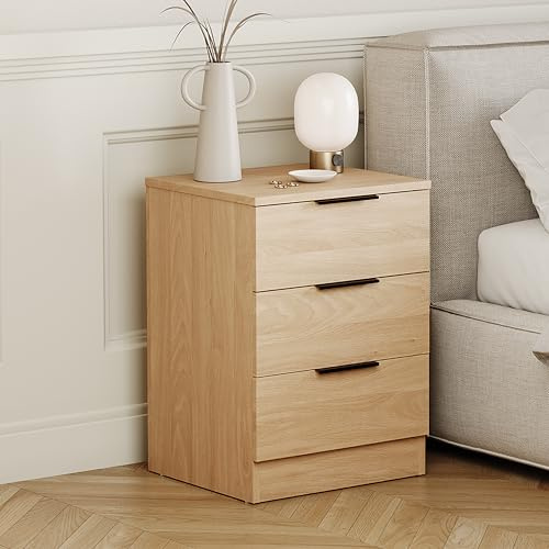 Vida Designs Trega - Mesita de Noche compacta de Pino con 3 cajones, Ahorra Espacio, 50 x 39 x 28 cm, Madera de ingeniería, cajones deslizantes, Asas Plateadas Modernas, Ideal para Dormitorio y