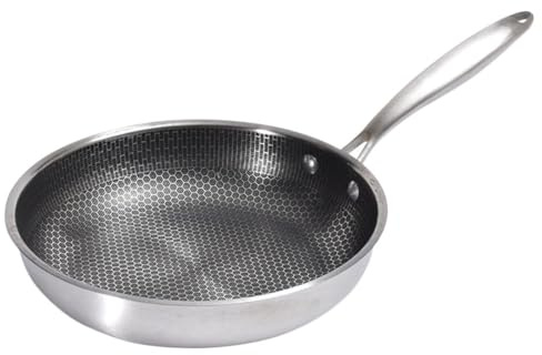 UKCOCO Sartén de Acero Inoxidable 28 Cm Fondo Plano en Nido de Abeja, Sartén para Huevos y Bistec, Mango Ergonómico Anti-Quemaduras, Adecuado para Cocina Doméstica y Camping
