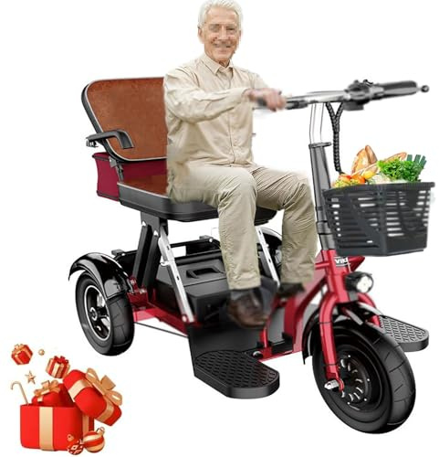 Seniorenmobil Dreirad, Elektromobil Klappbar, Faltbar, Leichter Reisemobilitätsroller, Elektro Dreirad Fahrrad Scooter für Erwachsene Senioren, Mobilitätsroller mit Korb, Traglast 150kg, Rot
