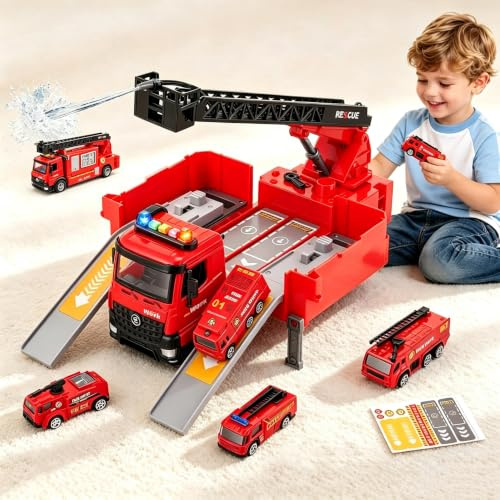 Camion Bomberos Grande Juguete con Pistola de Agua, Sonidos Y Luces – Vehículo de Bomberos Transformable con 4 Coches en Fundición a Presión – Regalo de Cumpleaños para Niños a Partir de 3 Años