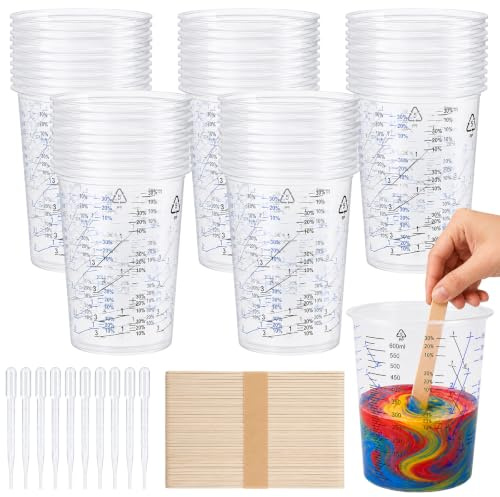 Vasos medidores de plástico con escala, 600 ml, 50 unidades, vasos de mezcla de pintura, resina con 10 cuentagotas, 50 agitadores de pintura, tazas medidoras de pintura de madera, taza graduada para