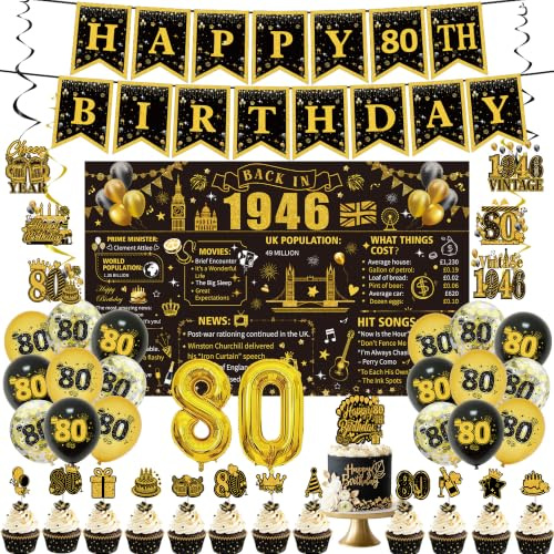 PURCAFT 43pcs Black Gold 80th Birthday Decorations Include Happy Birthday Banners Back in 1946 Backdrop Sach Hanging Swirls Balloons Cake Cupcake Toppers for 80th Birthday Party Supplies Men Women