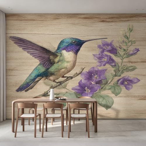 Floral Hummingbird Wallpaper for Living Room Decoration, W400 X H280 cm Bellflower Wood Grain Wall Mural, Non-Wowen Bedroom Photo Wallpapaer, Home Decor Wall Paper