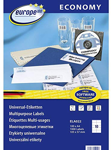 Europe100 Art. ELA022 Adressaufkleber (1.000 Klebeetiketten, 105x57mm auf A4, Papier matt, individuell bedruckbar, selbstklebende Adressetiketten, kompatibel zu AVERY 3425) 100 Blatt, weiß