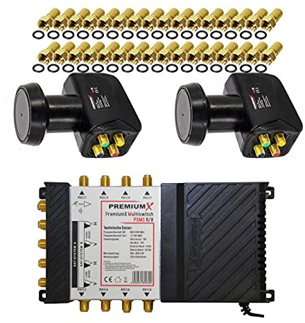 Premium X Multischalter Set 9/8 Multiswitch 2X Quattro LNB 32x F-Stecker, Satverteiler 2 SAT für 8 Teilnehmer HDTV FullHD 4K UHD 8K