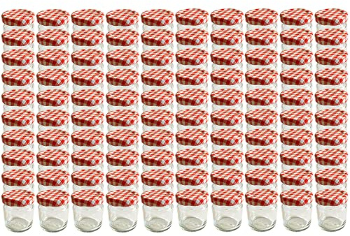 hocz 100er Set Sturzgläser Mini Gläser 53 ml Deckelfarbe Rot Kariert To 43 mit Schraub-Deckel Rundgläser Honig Kaviar Marmeladengläser Obstgläser Honig, Gläser, Portionsgläser